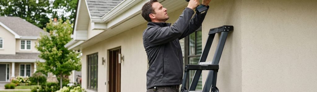 A professional technician installing a security camera under the eaves of a home