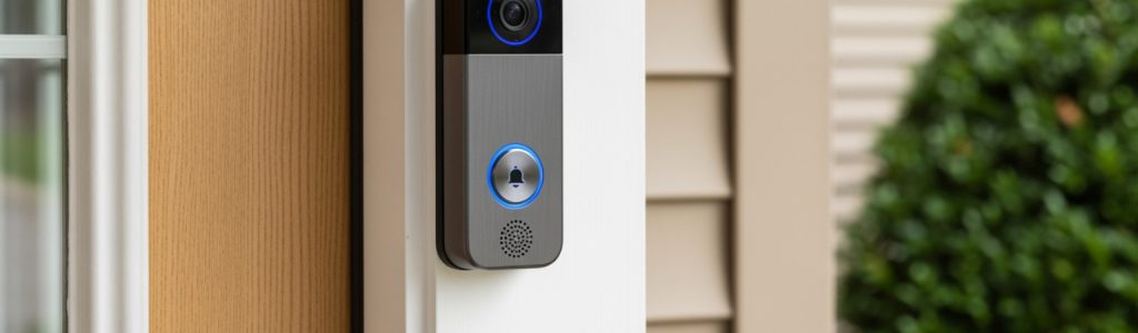 Close-up of a stylish contemporary video doorbell setup mounted beside a timber front door during home security installation.